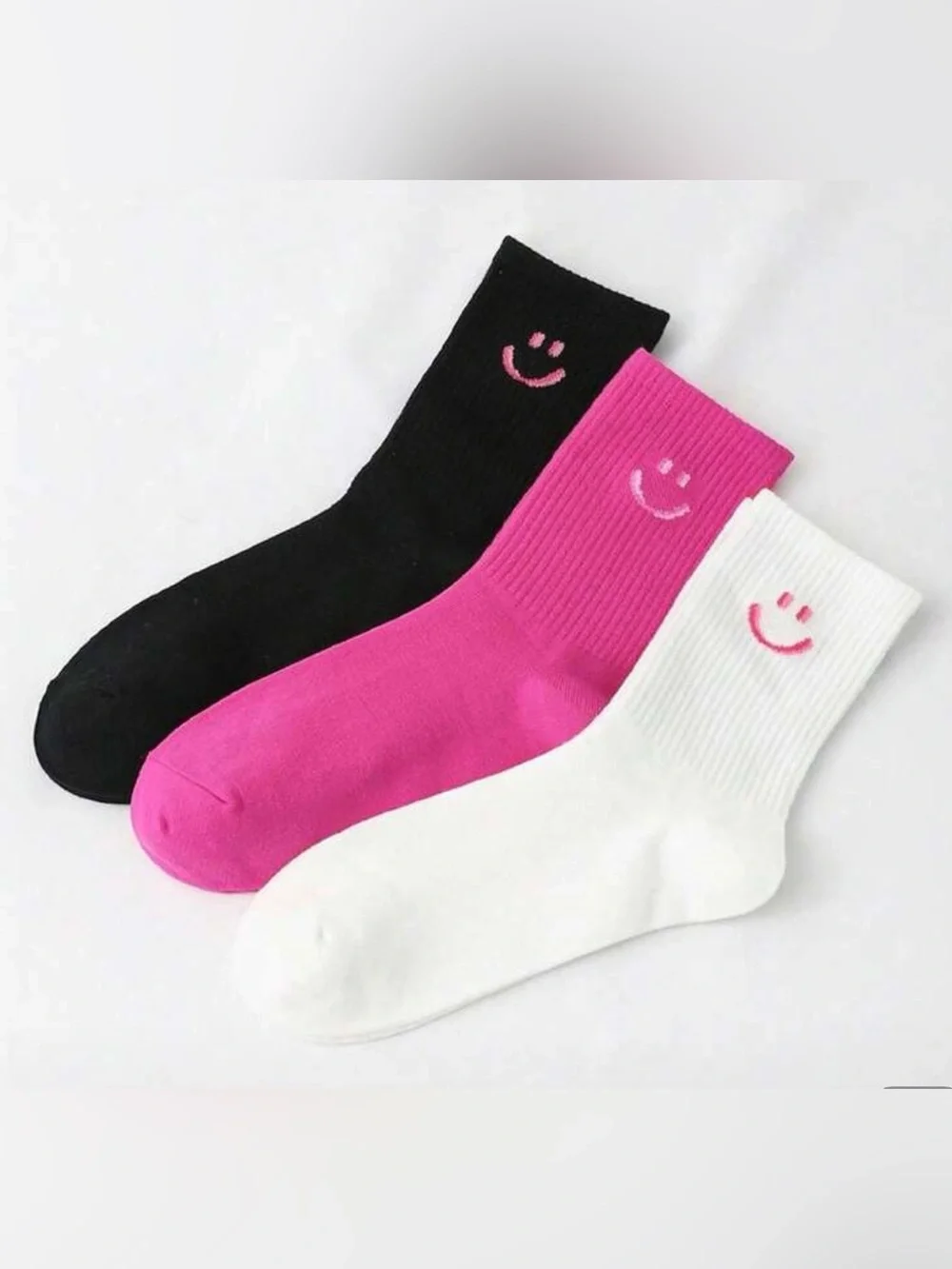 Smiley Crew Socks - Black, Pink & White (3-Pack)